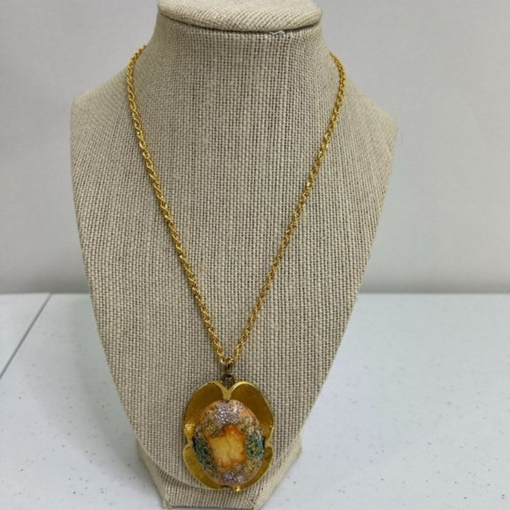 Vintage Signed Judy Lee Goldtone Splatter Enamel Necklace Egg Oval Shape